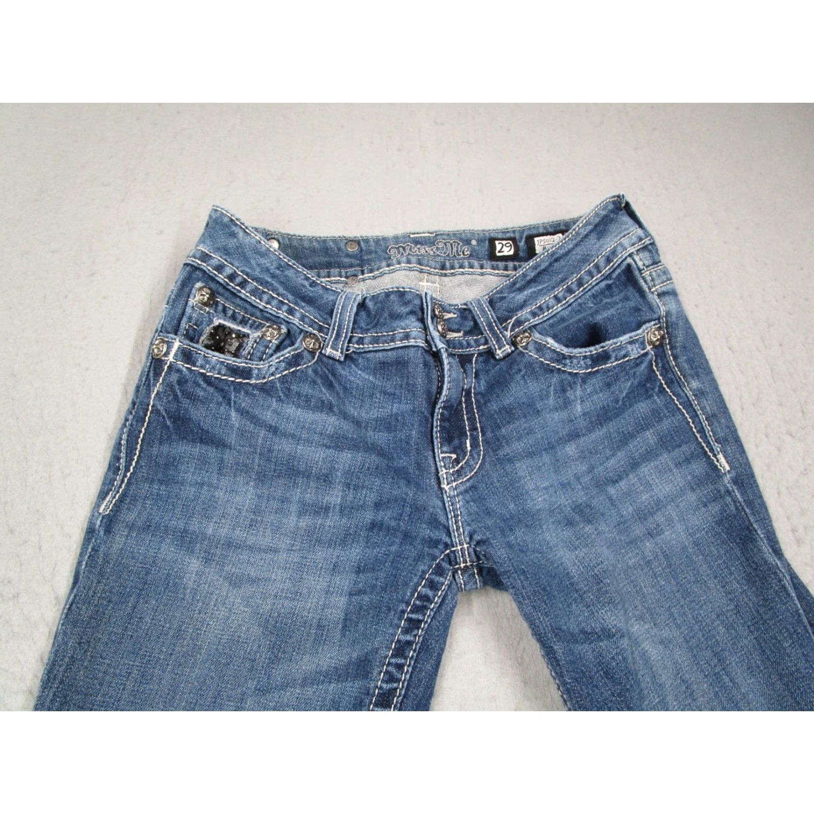 Miss Me Miss Me Jeans Women Blue Low Rise Bootcut 29 Regular 29x32 Denim Rhinestone Pockets JP5002-2 Bedazzled 5-Pocket Cowboy Retro Vintage Size 29" - 2 Thumbnail