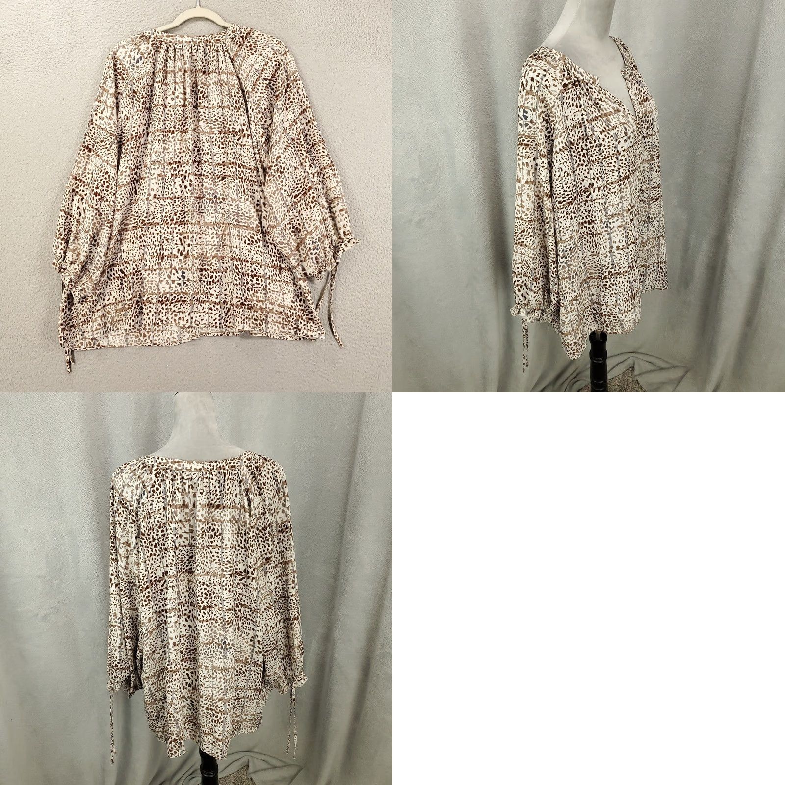 Vintage Zac & Rachel Blouse Womens 2X Brown White Animal Print V Neck Pullover Balloon Sleeve Tunic Bohemian Size XXL / US 16-18 / IT 52-54 - 8 Thumbnail