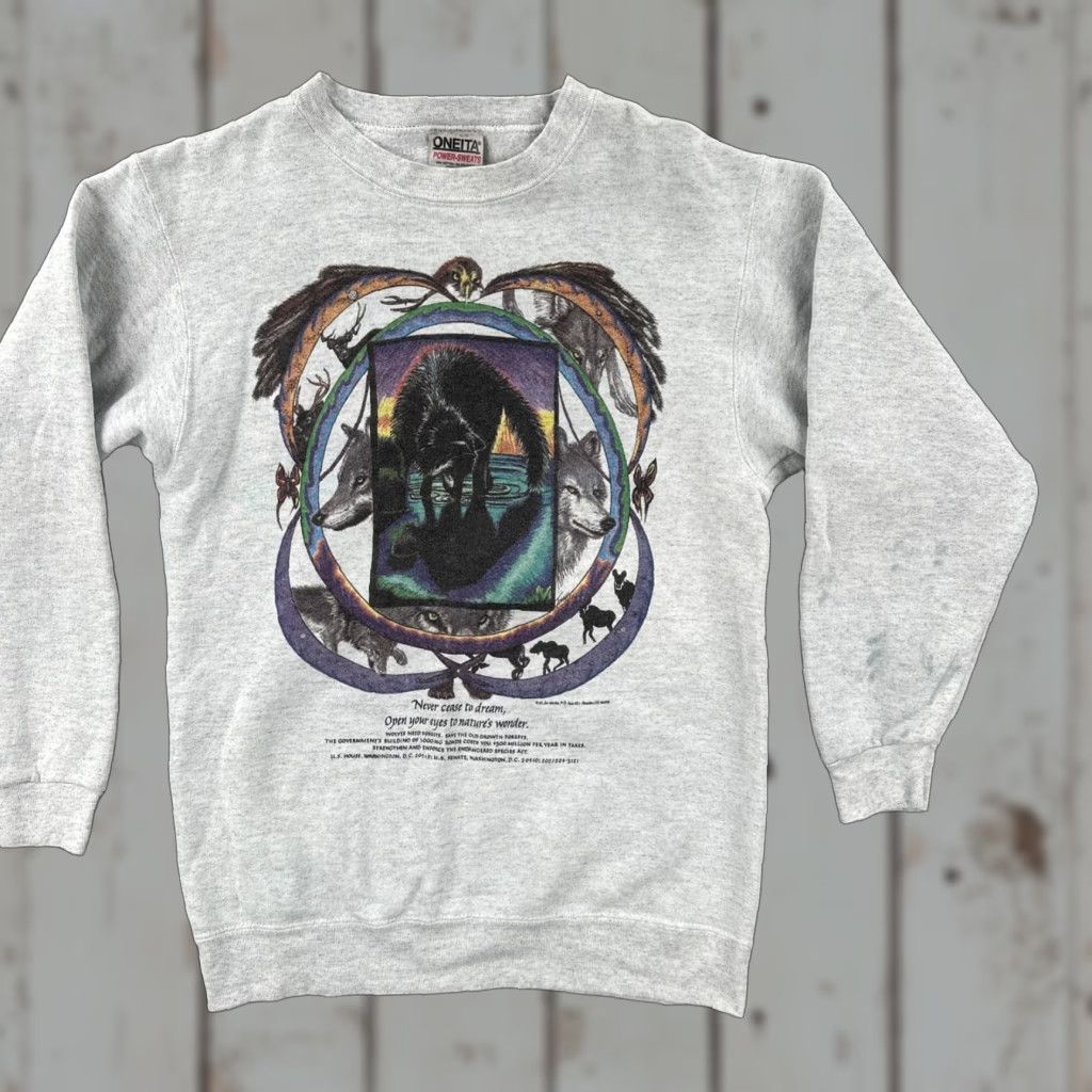 Vintage VINTAGE Oneita Power Sweats Sweatshirt Adult S Gray Wolf Graphic Print 90s Nature Mens Pullover Crewneck Regular Cotton Heavyweight Size US S / EU 44-46 / 1 - 1 Thumbnail