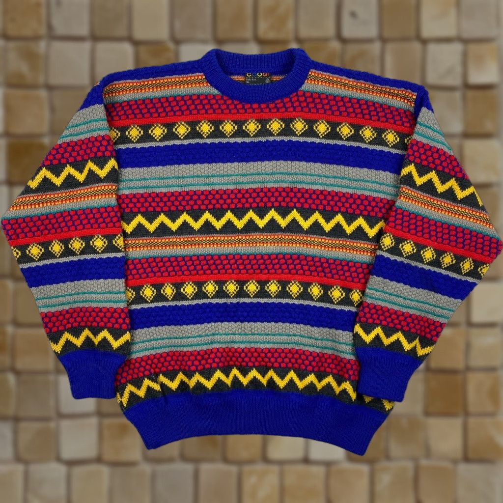 VINTAGE COOGI Sweater Men XL 90s Wool Geometric Striped HipHop