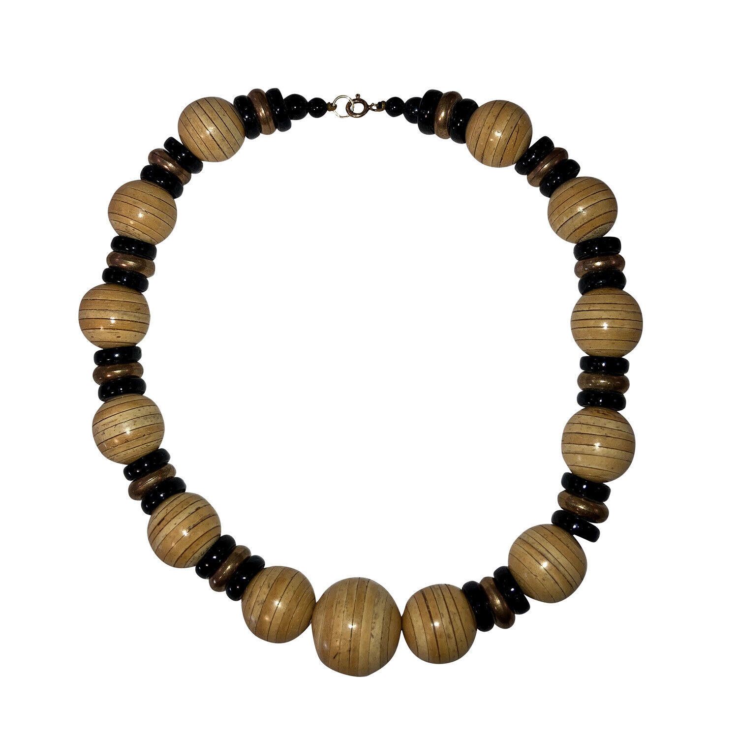 Designer Vintage Pressed Wood Glass and Brass Bead Necklace Size ONE SIZE - 2 Thumbnail