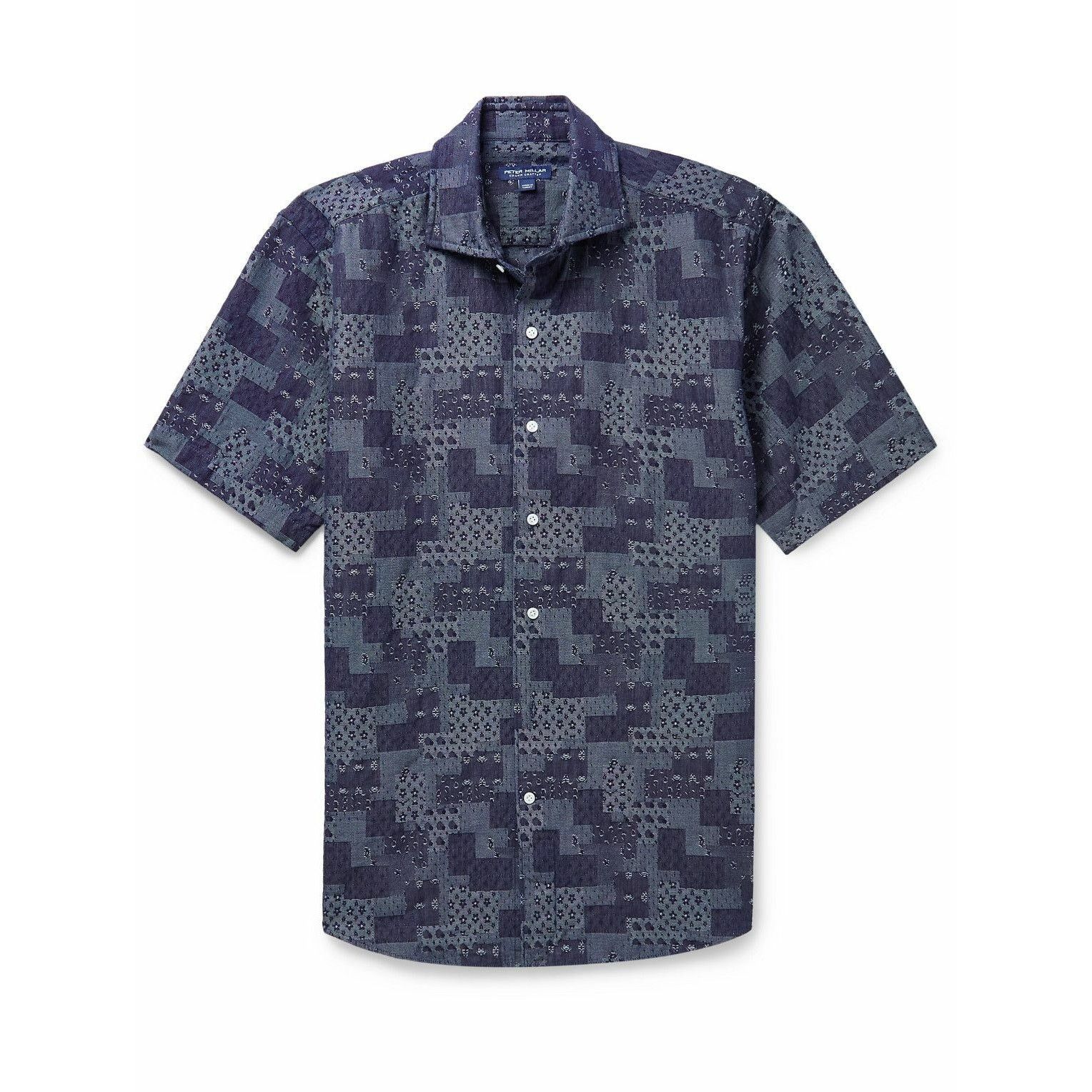 Peter Millar Banks Jacquard Blue Patchwork Shirt M $200 NWT