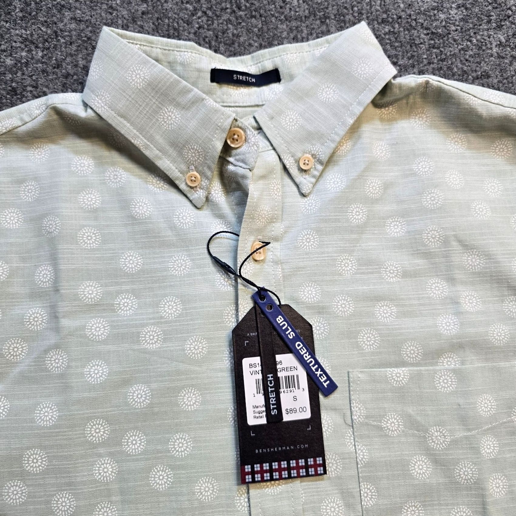 Ben Sherman Ben Sherman Shirt Men Small Green Geometric Texture Slub Knit Button Casual - Mens Cotton - Short Sleeve Button-Up - Classic Style Size US S / EU 44-46 / 1 - 2 Thumbnail