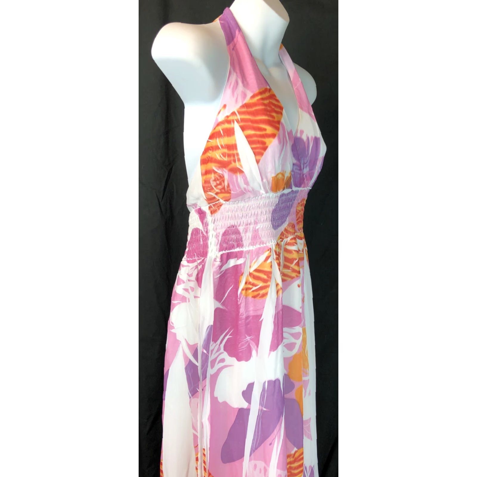 Vintage MKM Maxi Halter Dress L Pink/purple Floral Smocked Flowy Beach Tropical Dress Size L / US 10 / IT 46 - 2 Thumbnail