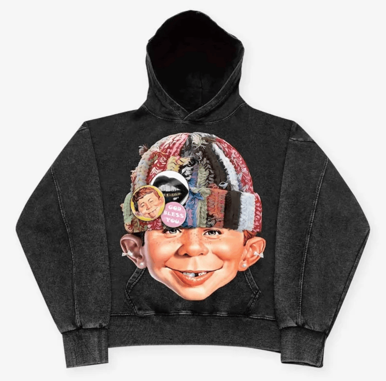 24 retro cartoon print washed hoodie