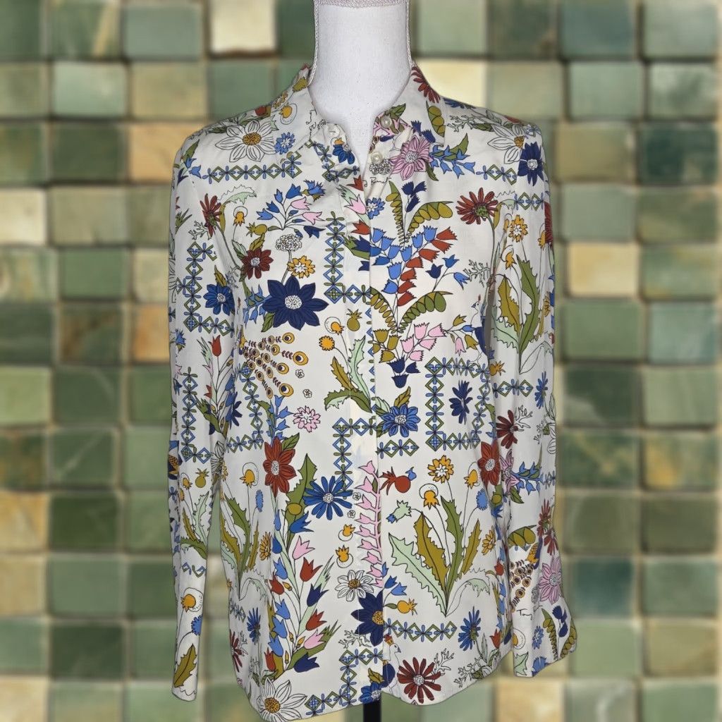 Tory Burch Tory Burch Blouse Shirt Silk Button Down Floral XS White Ivory Size XS / US 0-2 / IT 36-38 - 1 Thumbnail