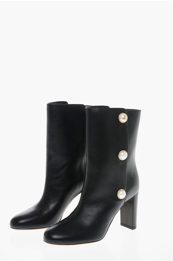 image of Jimmy Choo Jewel Button Rina Leather Booties 9Cm in Black, Women's (Size 6)
