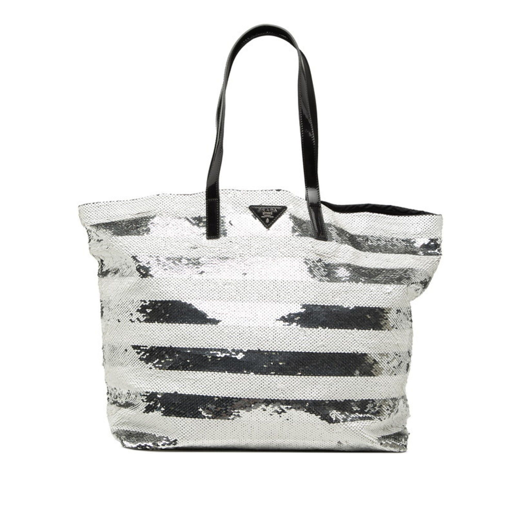 Prada Prada Logo Tote Bag Shoulder White Silver Sequin Enamel Women's PRADA Size ONE SIZE - 1 Thumbnail