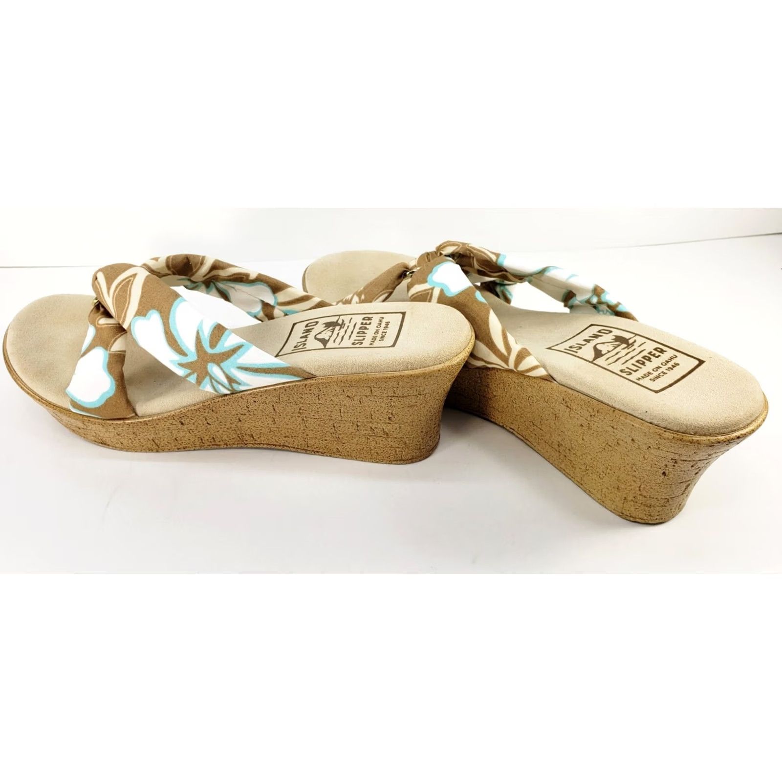 Vintage Island Slipper Women's 10 Brown Blue White Tropical Fabric Slide Wedge Sandal Size US 10 / IT 40 - 5 Thumbnail