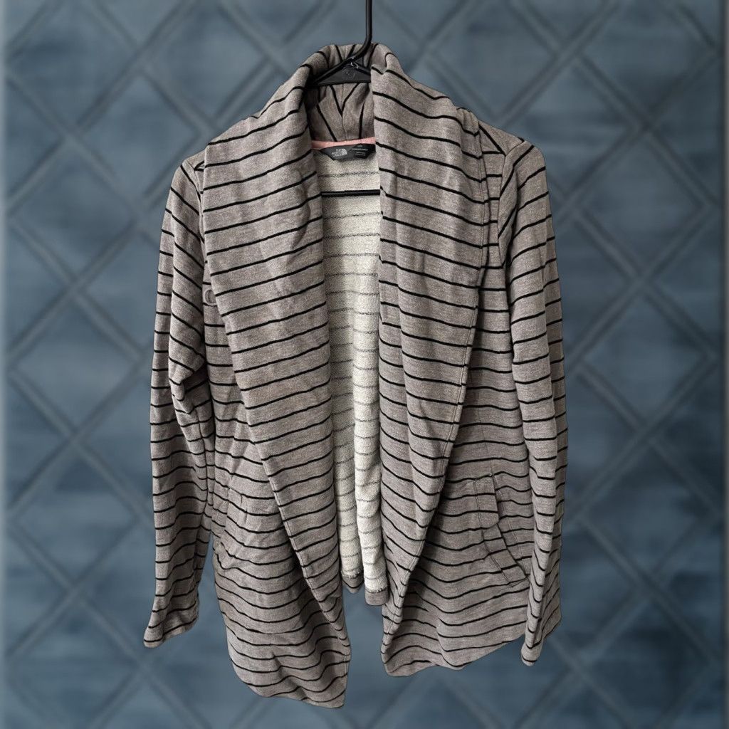 The North Face VINTAGE The North Face Women's Sweater Cardigan Open Front Long Sleeve Casual M French Terry Cotton Taupe & Black Striped Size M / US 6-8 / IT 42-44 - 1 Thumbnail