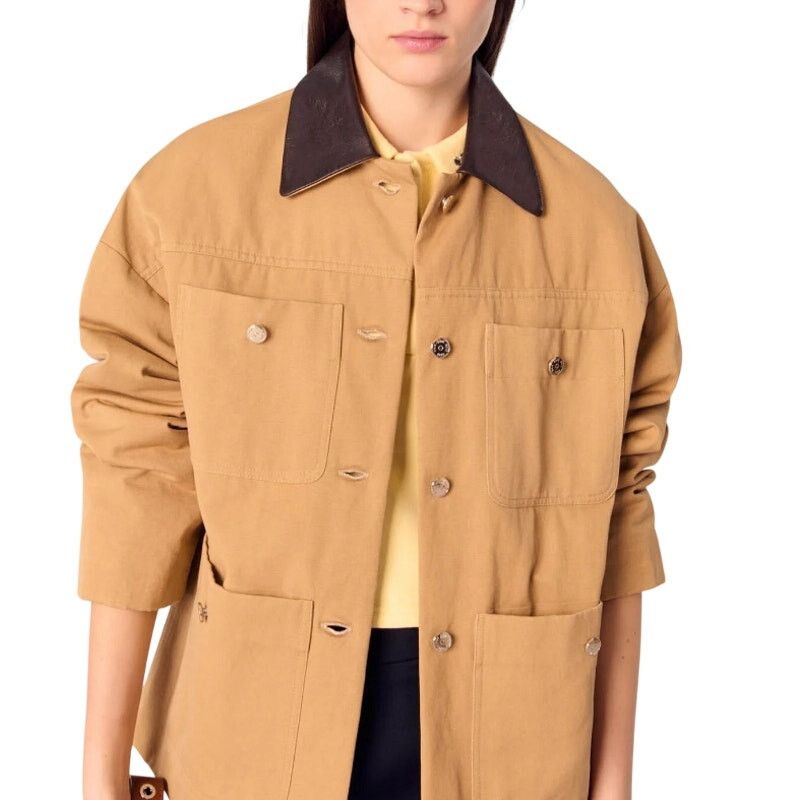 Maje Maje Women's Beige Cotton Coat With Leather Collar Size 42 Size L / US 10 / IT 46 - 12 Thumbnail