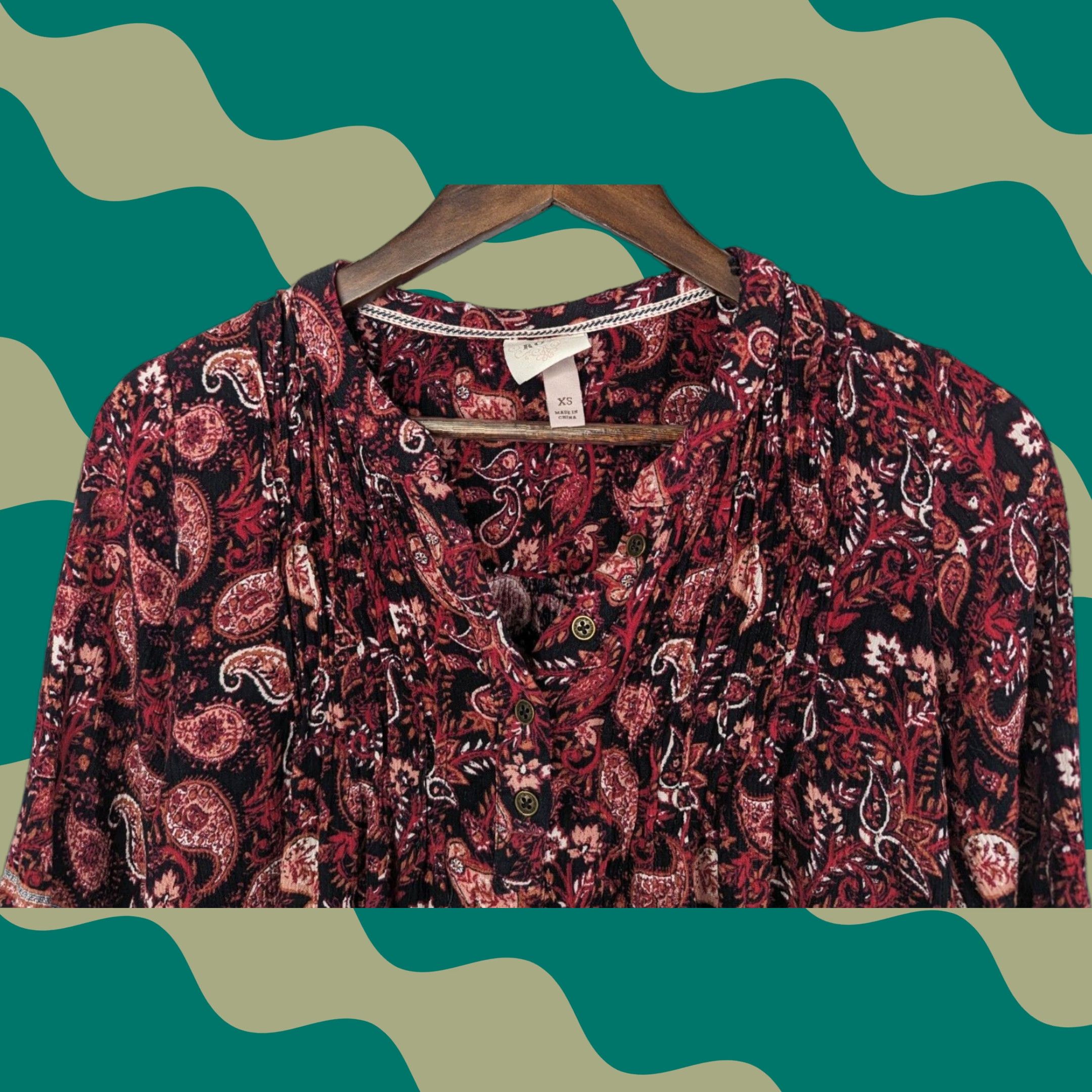 Vintage KNOX ROSE Shirt Womens XS Maroon Paisley Peasant Top Boho Pleat Front Size XS / US 0-2 / IT 36-38 - 1 Thumbnail