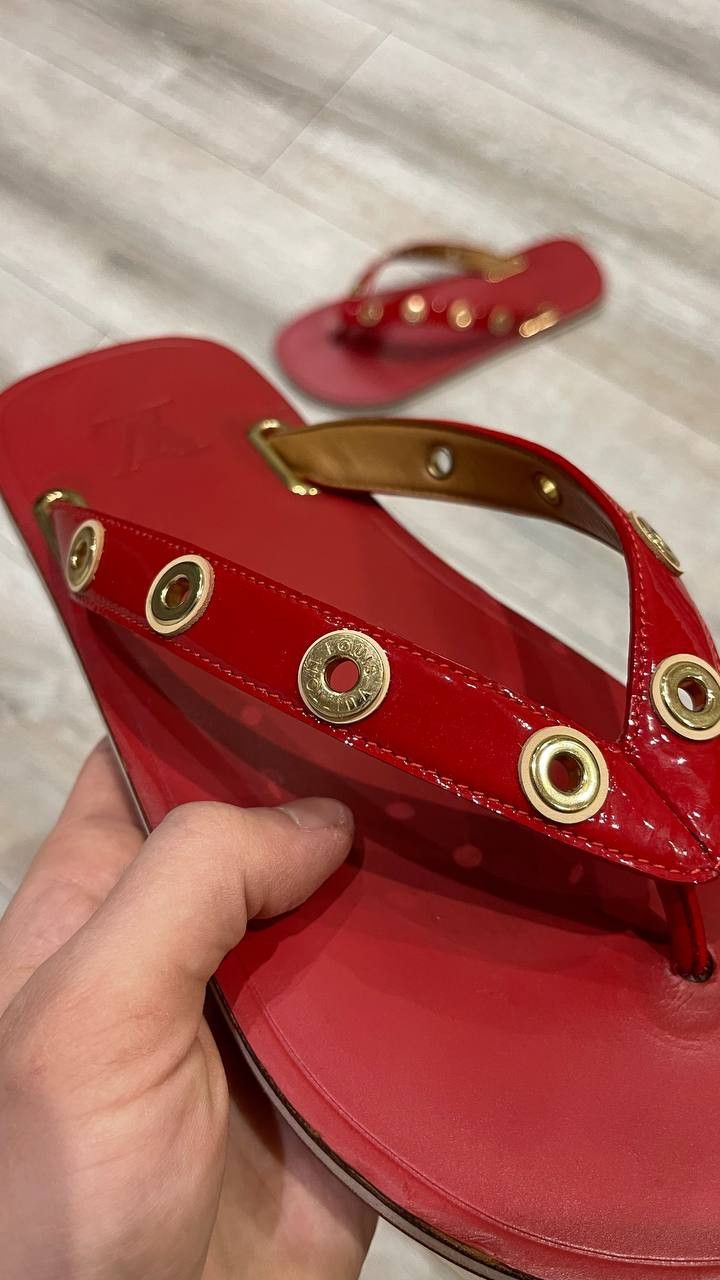 Louis Vuitton Louis Vuitton Red Leather Flip Flops Sandals Gold Studded Size US 10 / IT 40 - 6 Thumbnail