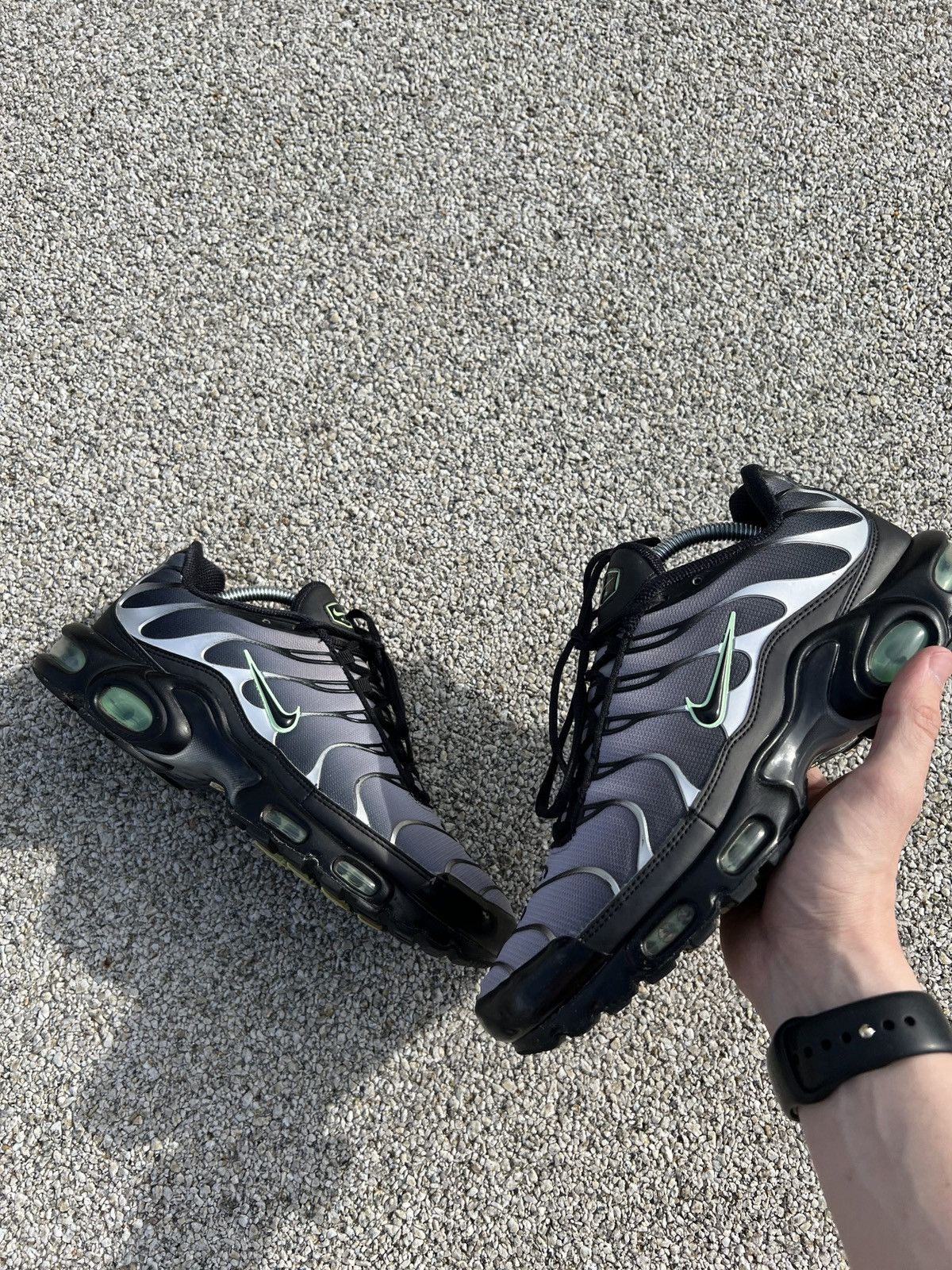 image of Nike Air Max Plus Black Particle Grey Vapour Green Shoes in Black/Particle Grey/Vapour Green (Size 