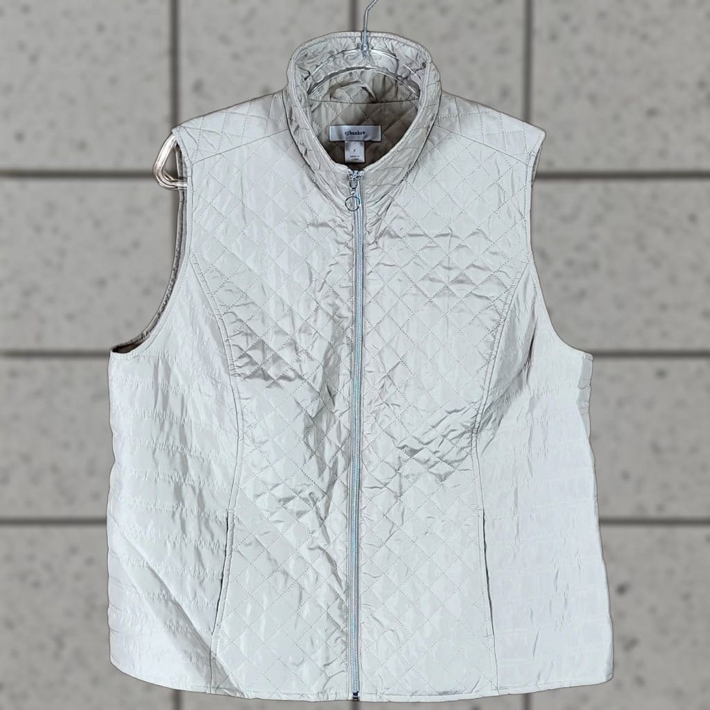 Vintage CJ Banks Quilted Vest Womens Size 0X Beige Zip Pockets Mock Neck Full Zip Mid-Length Sleeveless Casual Workwear All Seasons Vintage: No Size XL / US 12-14 / IT 48-50 - 1 Thumbnail