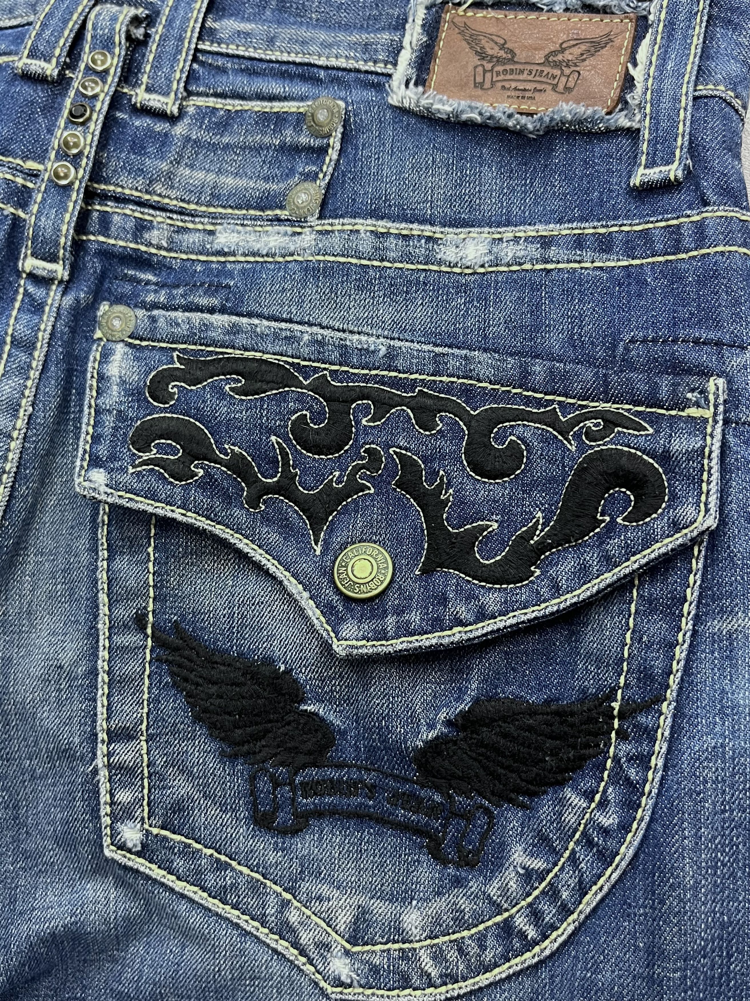 Robins Jeans ROBINS JEANS BLACK WINGS Tribal Embroidery Minimalist Flare Size US 29 - 1 Thumbnail