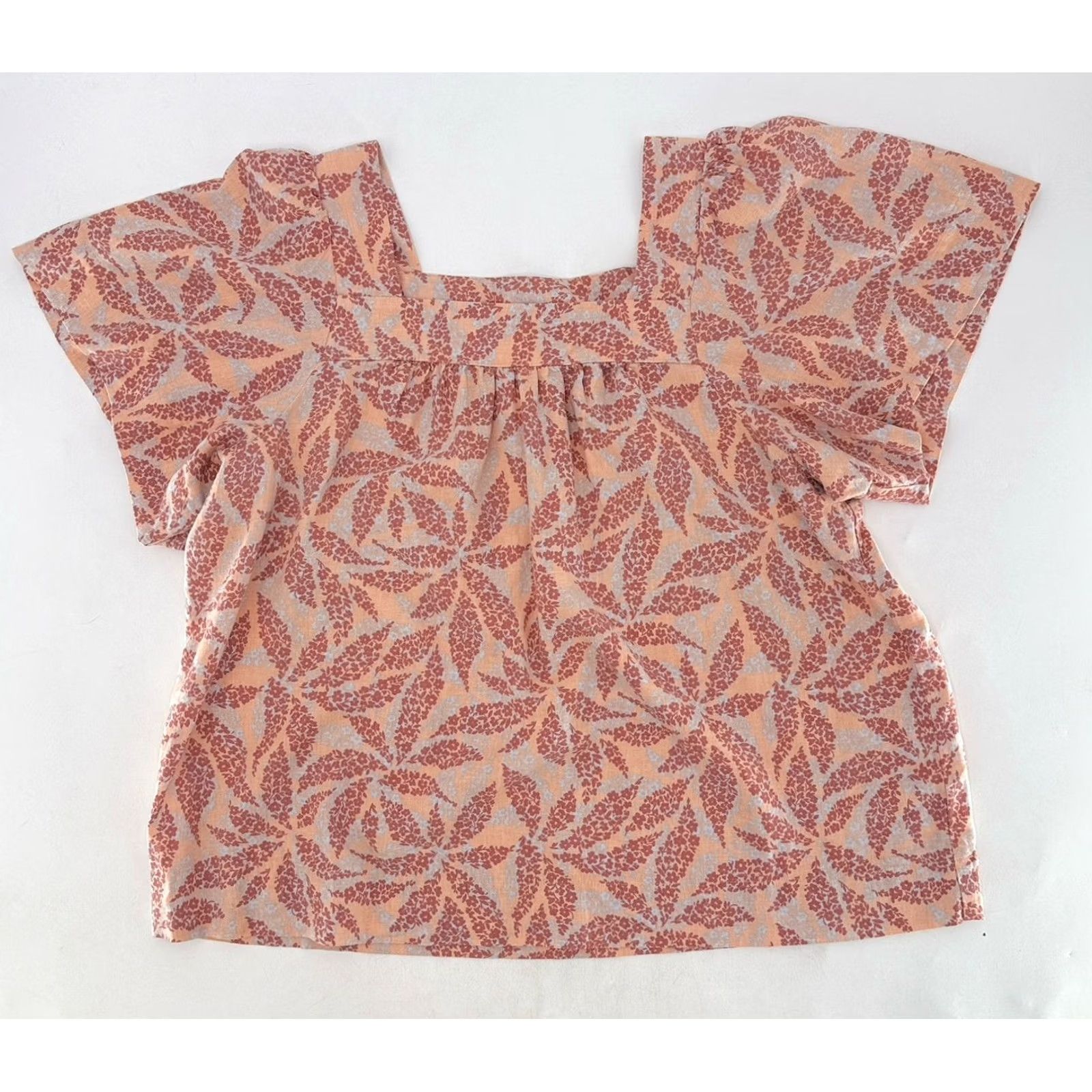Vintage ECOTHREADS Blouse XL Beach Boho Linen Blend Peach Pink Floral Square Neck Sz Size XL / US 12-14 / IT 48-50 - 3 Thumbnail