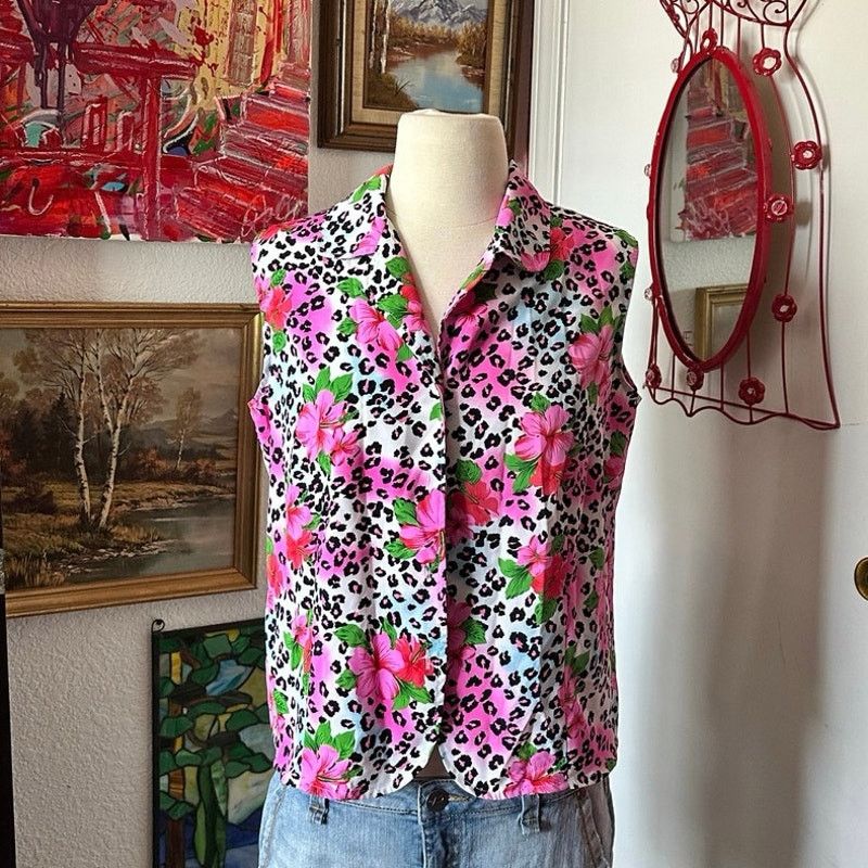 Other notations pink white leopard print hawaiian flower tank top Size L / US 10 / IT 46 - 1 Thumbnail