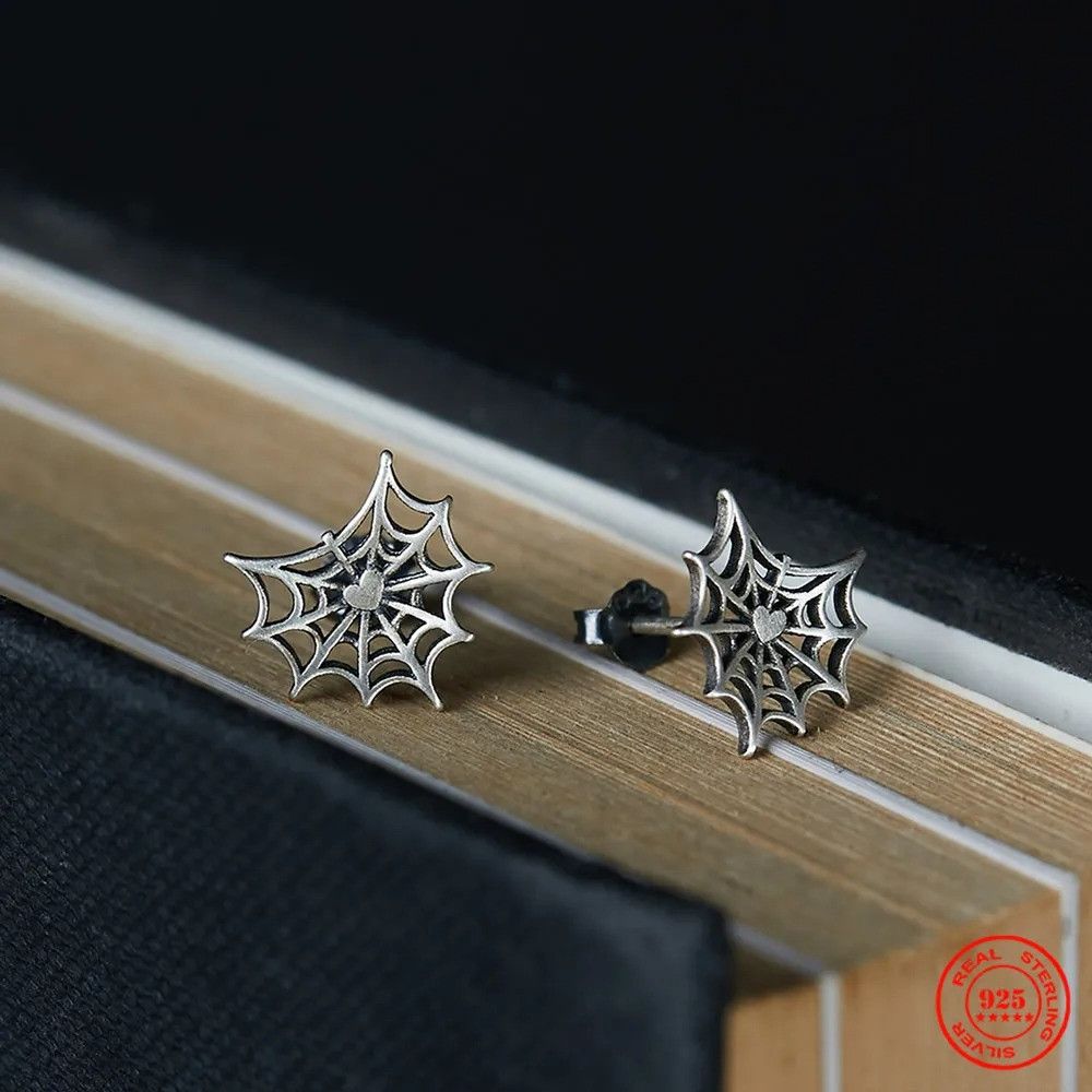 Jewelry Spider Web Heart Stud Earrings 925 Sterling Ear Studs Charms Size ONE SIZE - 2 Thumbnail