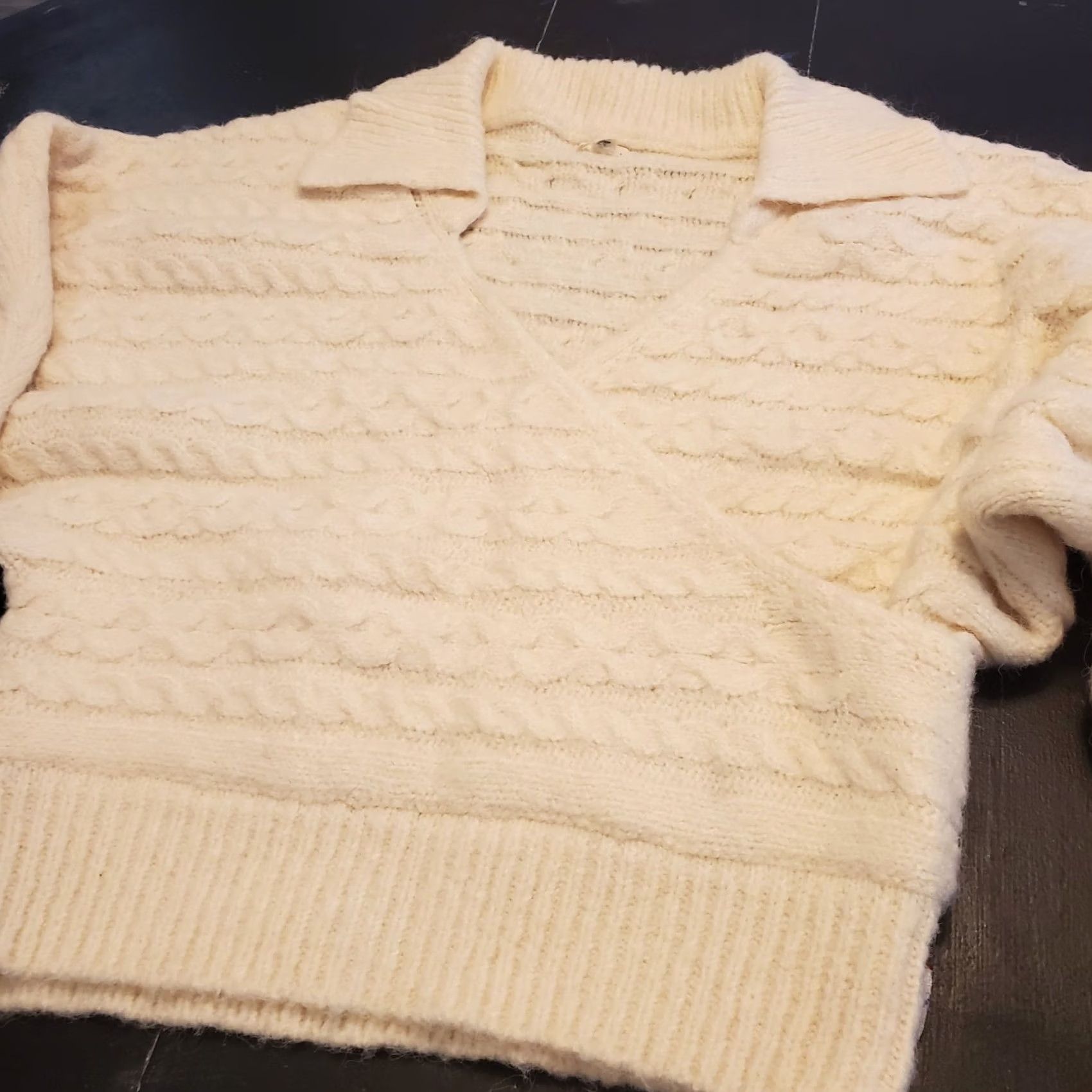 Vintage POL Anthropologie Sweater Small Cream Cable Knit Faux Wrap Balloon Sleeve Size S / US 4 / IT 40 - 4 Thumbnail