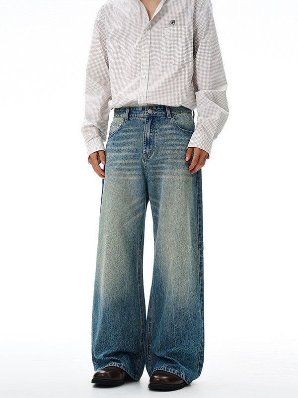 Japanese Brand Washed & Distressed Versatile Wide-Leg Straight-Fit Jeans Size US 32 / EU 48 - 3 Thumbnail
