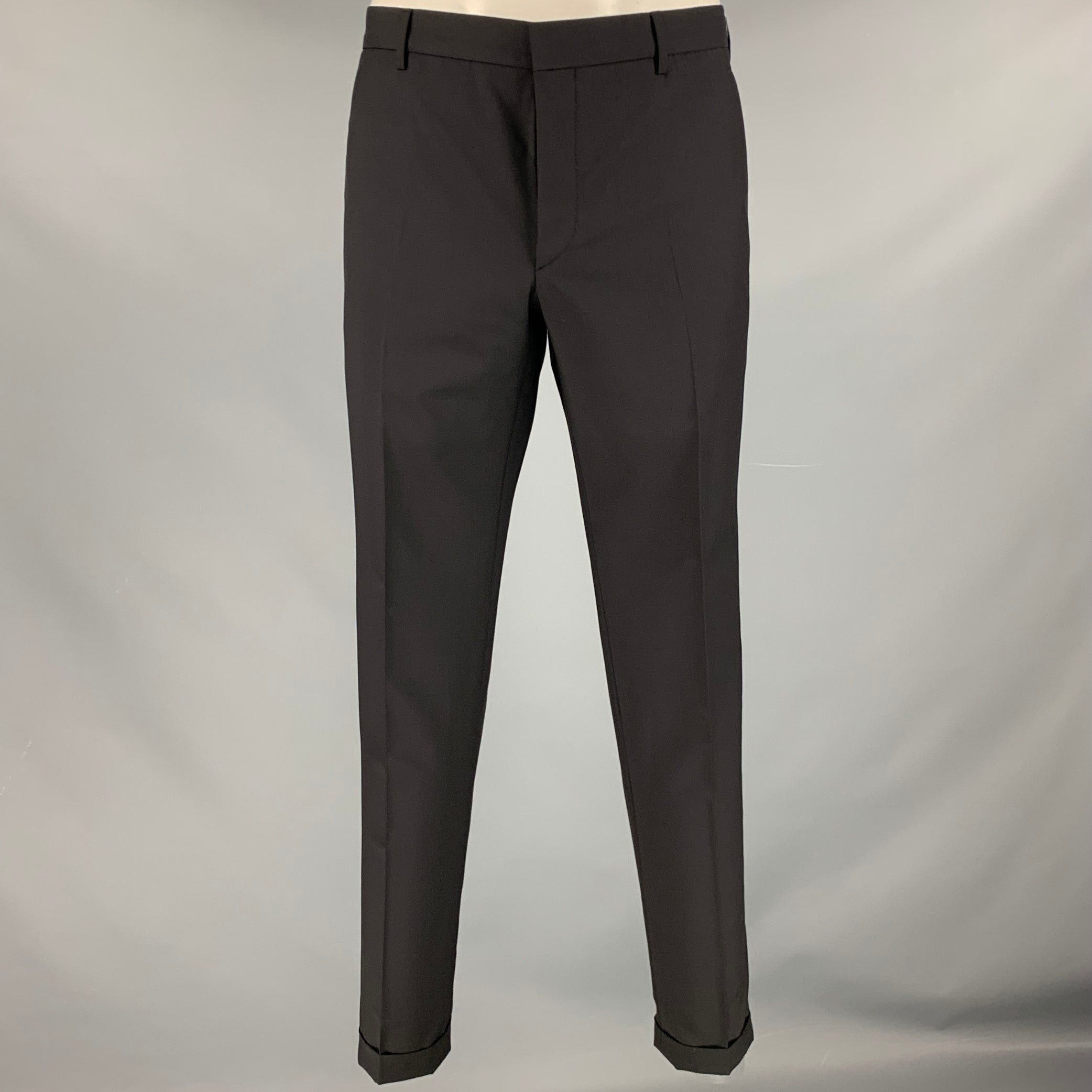 Image of Prada Black Wool Mohair Button Fly Dress Pants, Men's (Size 36)