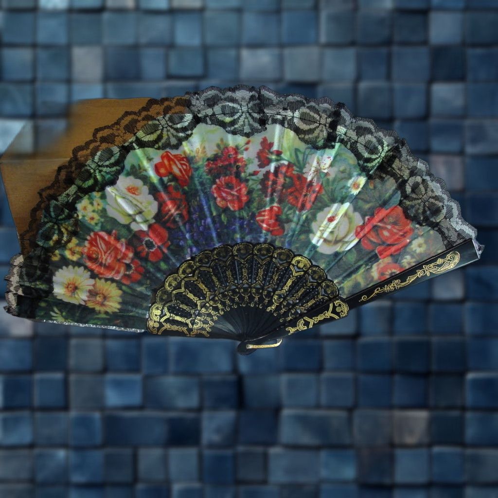 Vintage Vintage Hand Fan with Flower Design Small Cloth Fan 16 Inch Ra-1A Size ONE SIZE - 1 Thumbnail