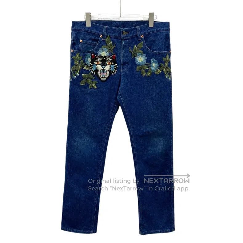 Gucci Gucci Dark blue floral tiger embroidered cotton casual den Size 42" / US 20 - 1 Thumbnail