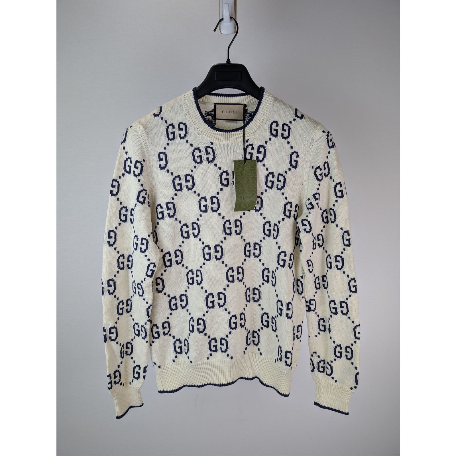 Gucci o1rshd1 GG Cotton Knit Sweater in Ivory / Navy Blue Size US M / EU 48-50 / 2 - 2 Thumbnail