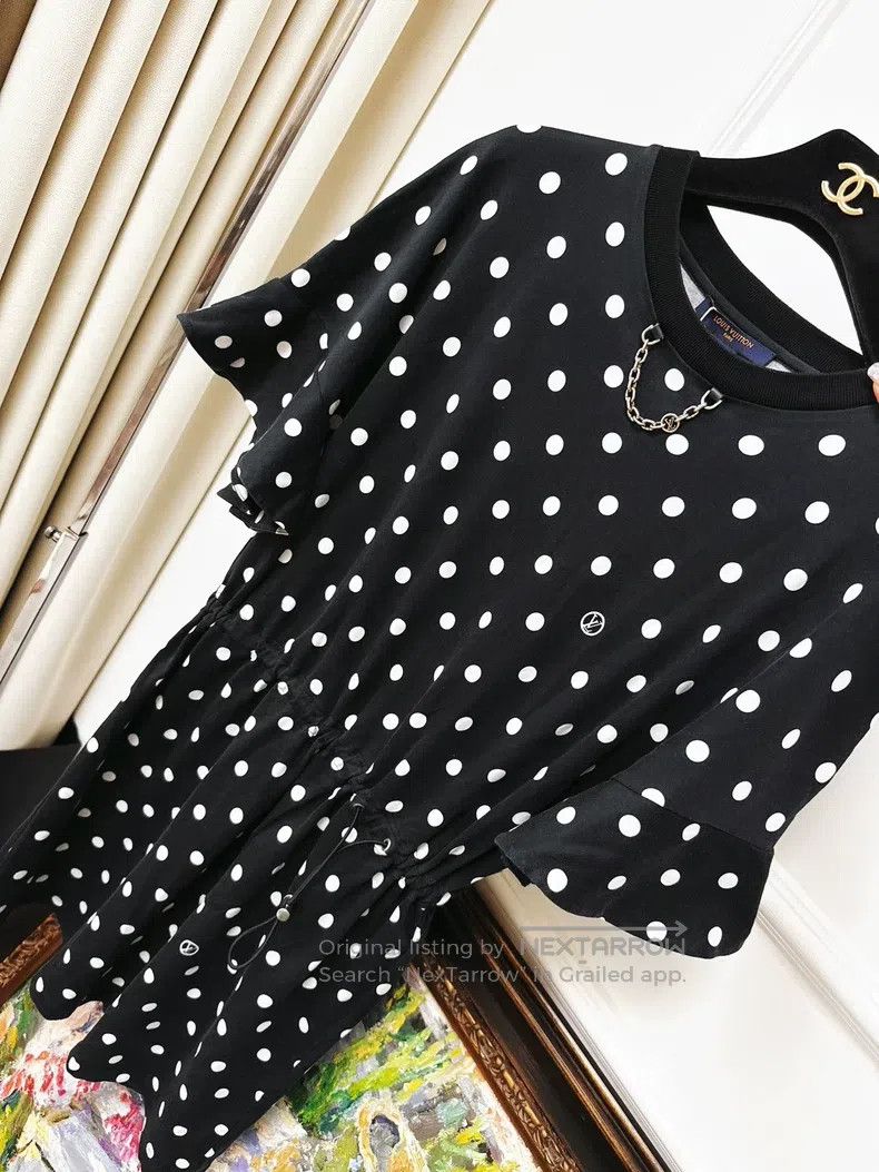 Louis Vuitton Louis Vuitton Black full logo polka-dot ruffle sleeve dres Size M / US 6-8 / IT 42-44 - 4 Thumbnail