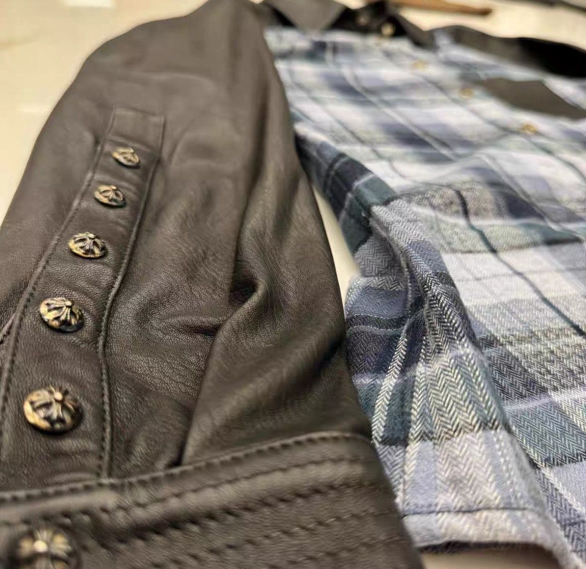 Chrome Hearts Leather sleeve flannel shirt jacket Size US S / EU 44-46 / 1 - 5 Thumbnail