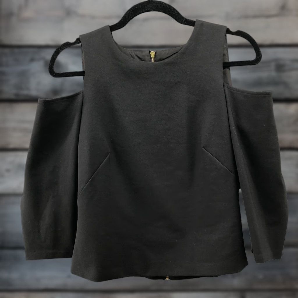 Vintage Eliza J Blouse Womens 8 Black 3/4 Sleeve Cold Shoulder Zip Back Formal Workwear Size M / US 6-8 / IT 42-44 - 1 Thumbnail