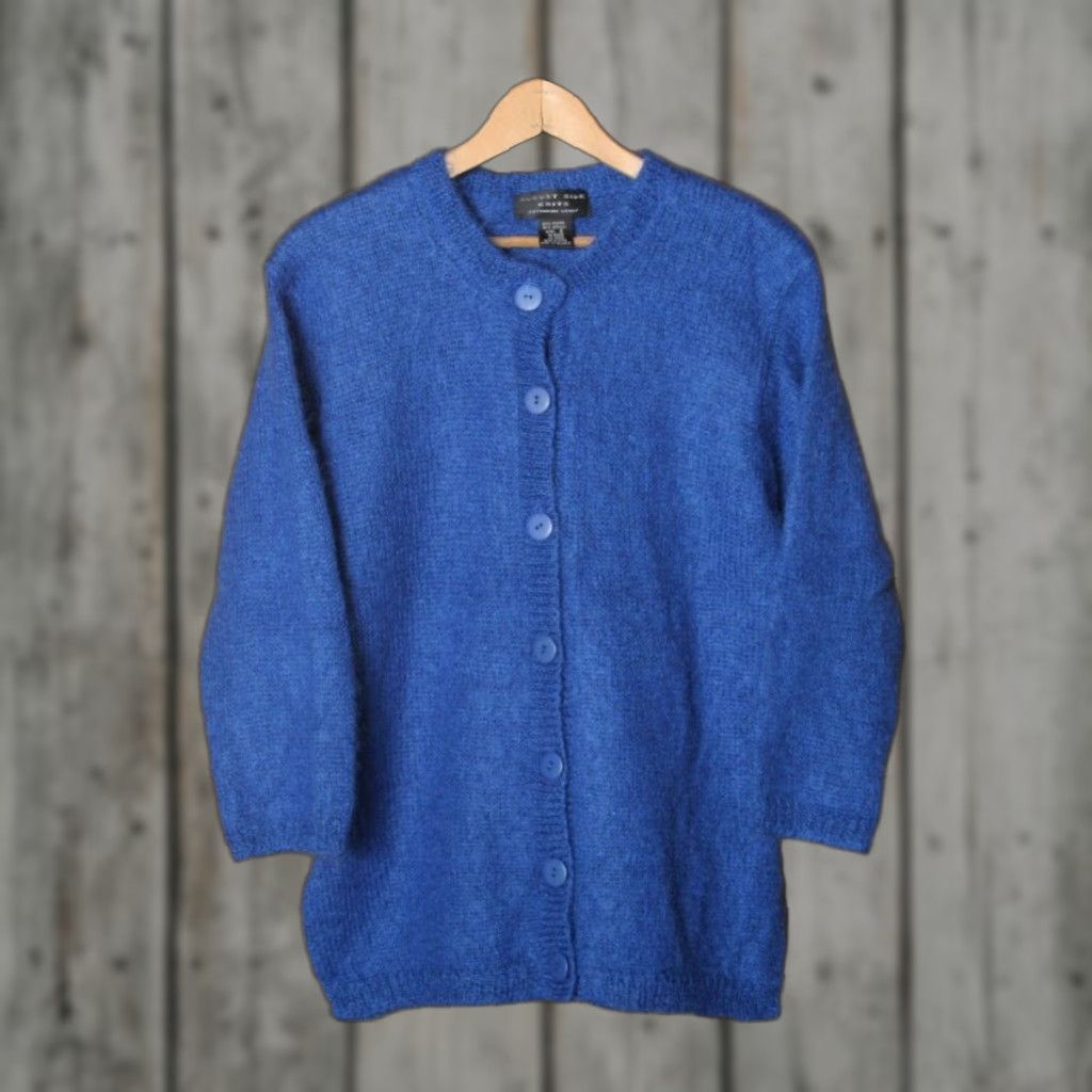 Vintage AUGUST SILK KNITS Catherine Lover Blue Mohair Blend 3/4 Sleeve Cardigan Sz. S Womens Knit Cardigan Blue Mohair Size S / US 4 / IT 40 - 1 Thumbnail