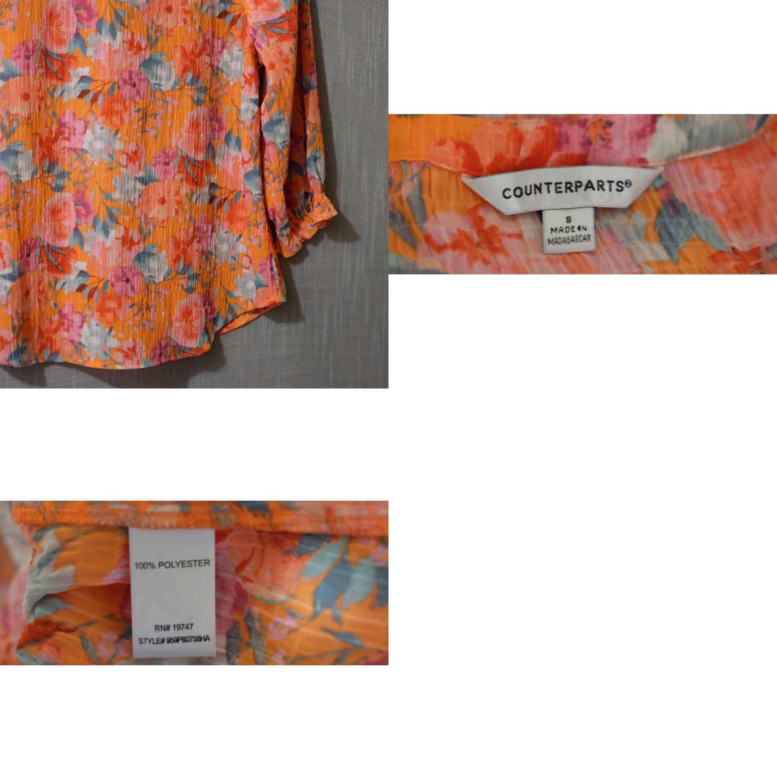 Vintage Counterparts Orange Floral Blouse 3/4 Sleeve Sheer Crinkle V-Neck Womens S Blouse Size S / US 4 / IT 40 - 8 Thumbnail