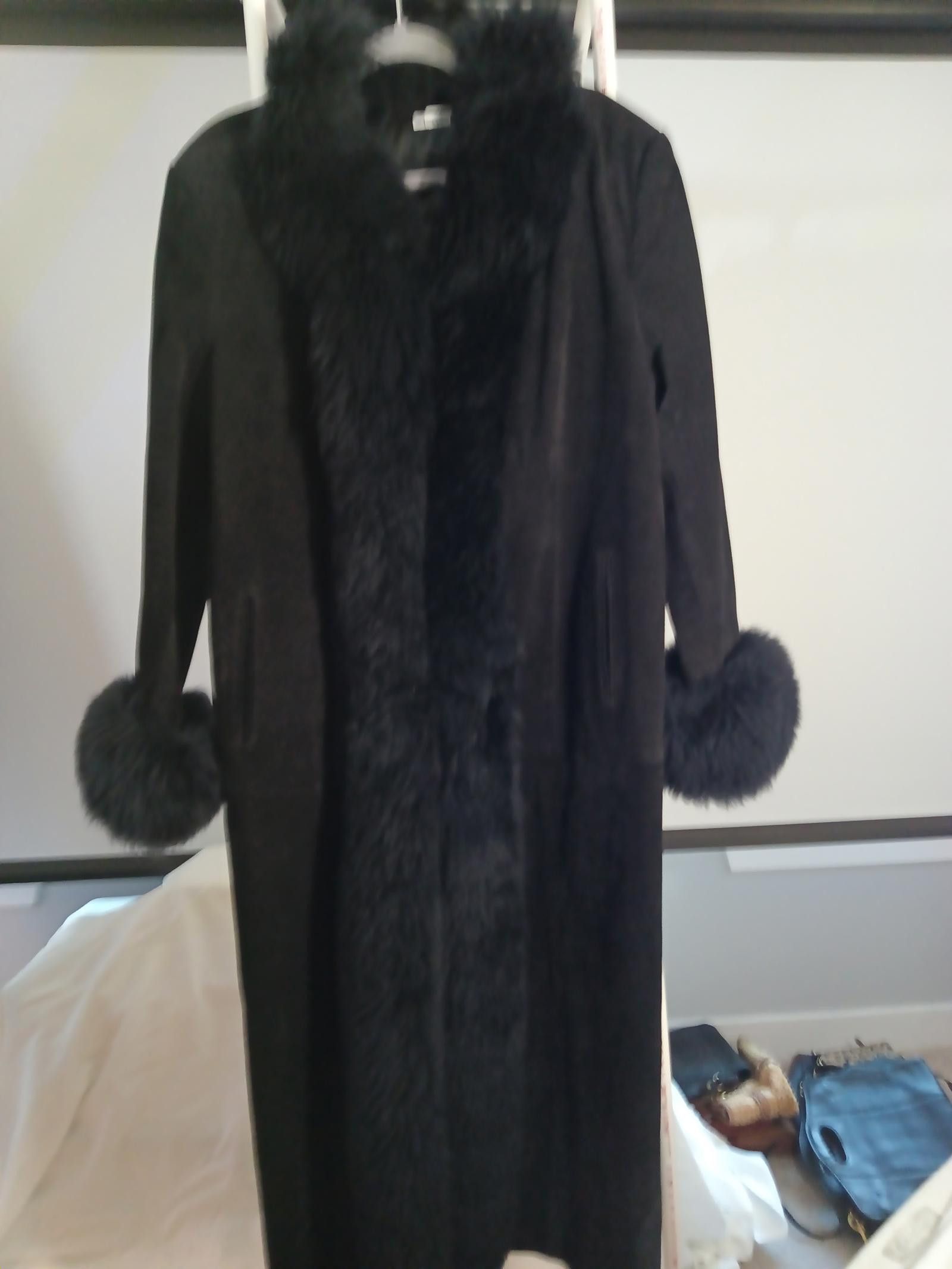 Designer Deerskin Black Faux Fur Trimmed Long Coat Size L / US 10 / IT 46 - 2 Thumbnail