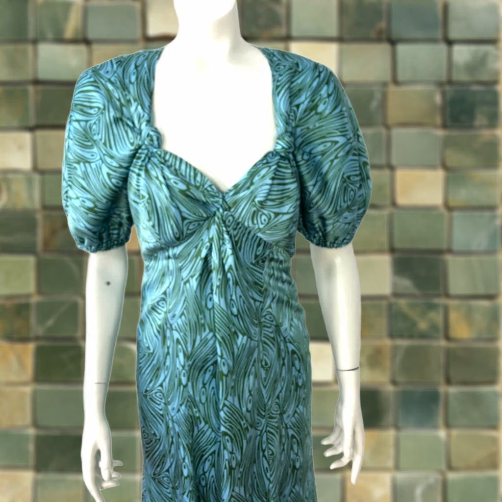 Cinq a Sept Cinq a Sept Dress Mermaid Puff Sleeve Zip Open Front 4 Polyester Blue Green Dress Shirt Womens Regular Blue Modern Geometric Pattern Long Dress Size S / US 4 / IT 40 - 1 Thumbnail