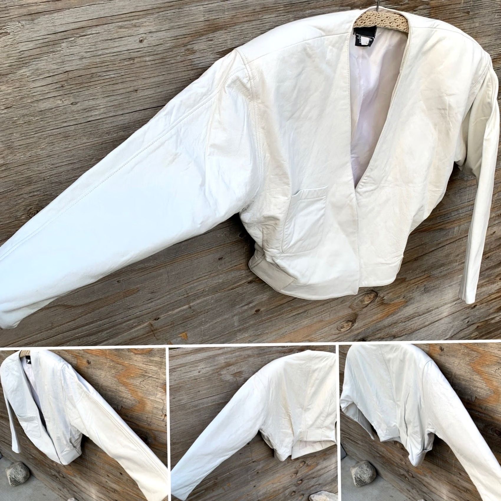 Vintage VINTAGE Leather Jacket White Cropped 80s Shoulder Pads Size S Or M Women Size M / US 6-8 / IT 42-44 - 2 Thumbnail