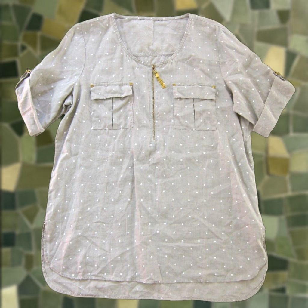 Ellen Tracy Ellen Tracy Blouse Tunic 100% Linen White Brown Polka Dot Gold Zip Pocket Large Size L / US 10 / IT 46 - 1 Thumbnail