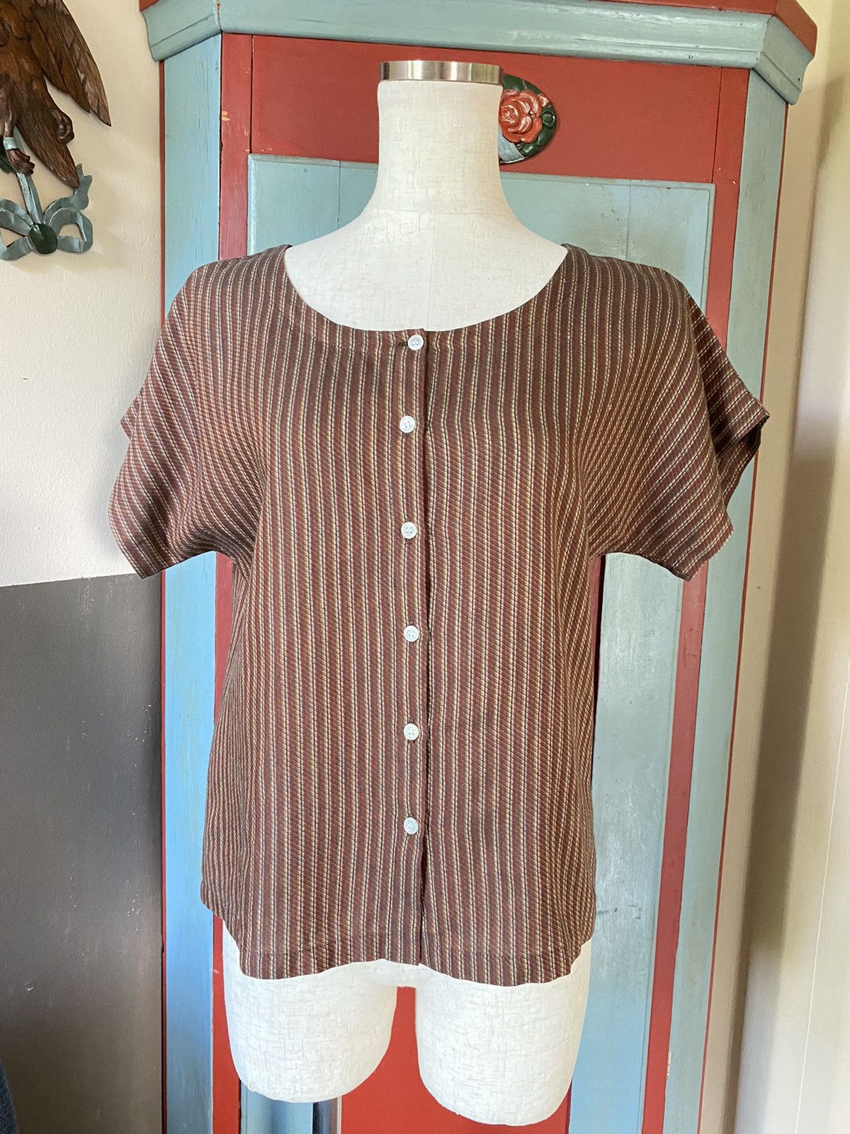 Calvin Klein Calvin Klein Brown Striped Button Top Size L / US 10 / IT 46 - 9 Thumbnail