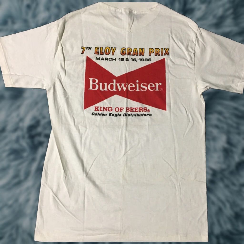 VINTAGE Eloy Gran Prix Dominos Pizza Budweiser Racing Shirt L White Mens Short Sleeve 1980s 80s Grunge NASCAR Corvette Race Car USA Arizona ASRA Promo