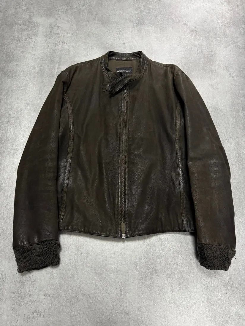 Emporio Armani × Vintage AW2009 Emporio Armani Brown Leather Wool Embelishments Jacket Size US L / EU 52-54 / 3 - 1 Thumbnail