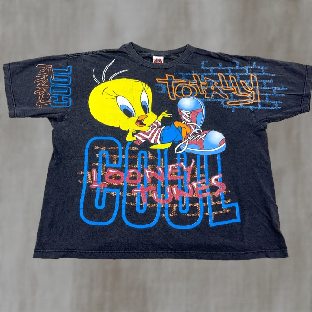 VINTAGE Looney Tunes T-Shirt Men XL Black Cartoon 90s Tweety