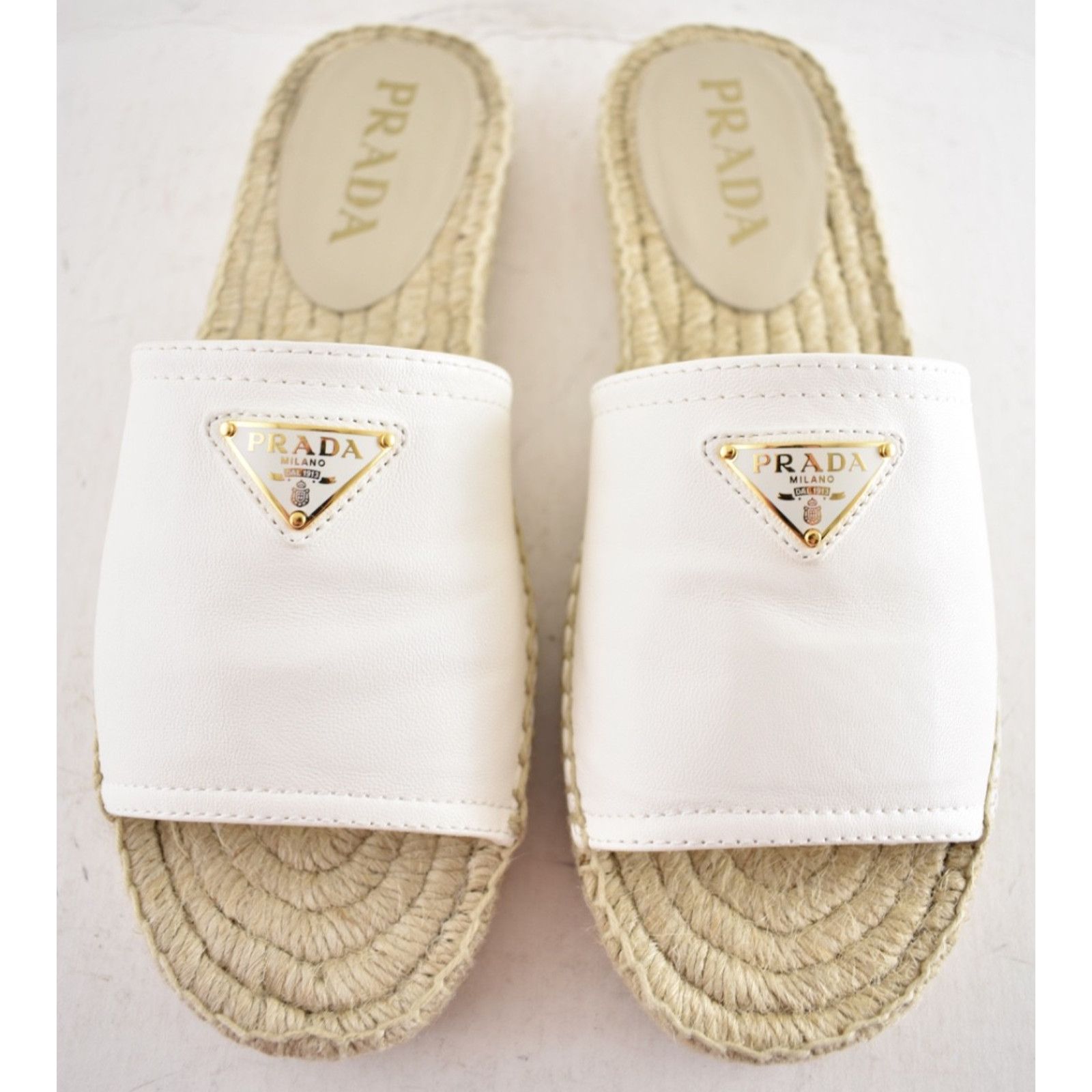 Prada Prada Gold Triangle Logo Avorio White Leather Espadrille 37 Size US 7 / IT 37 - 9 Thumbnail