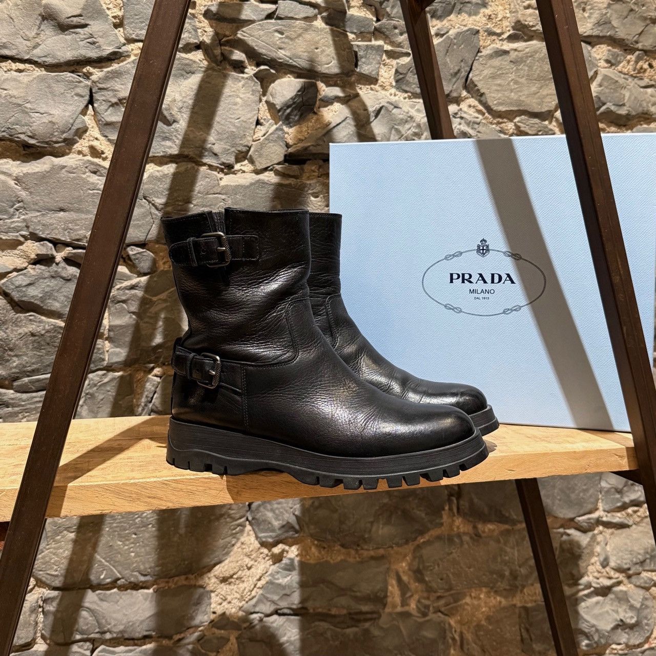 Prada Prada Black Leather Buckled Moto Boots Size US 11 / IT 41 - 1 Thumbnail