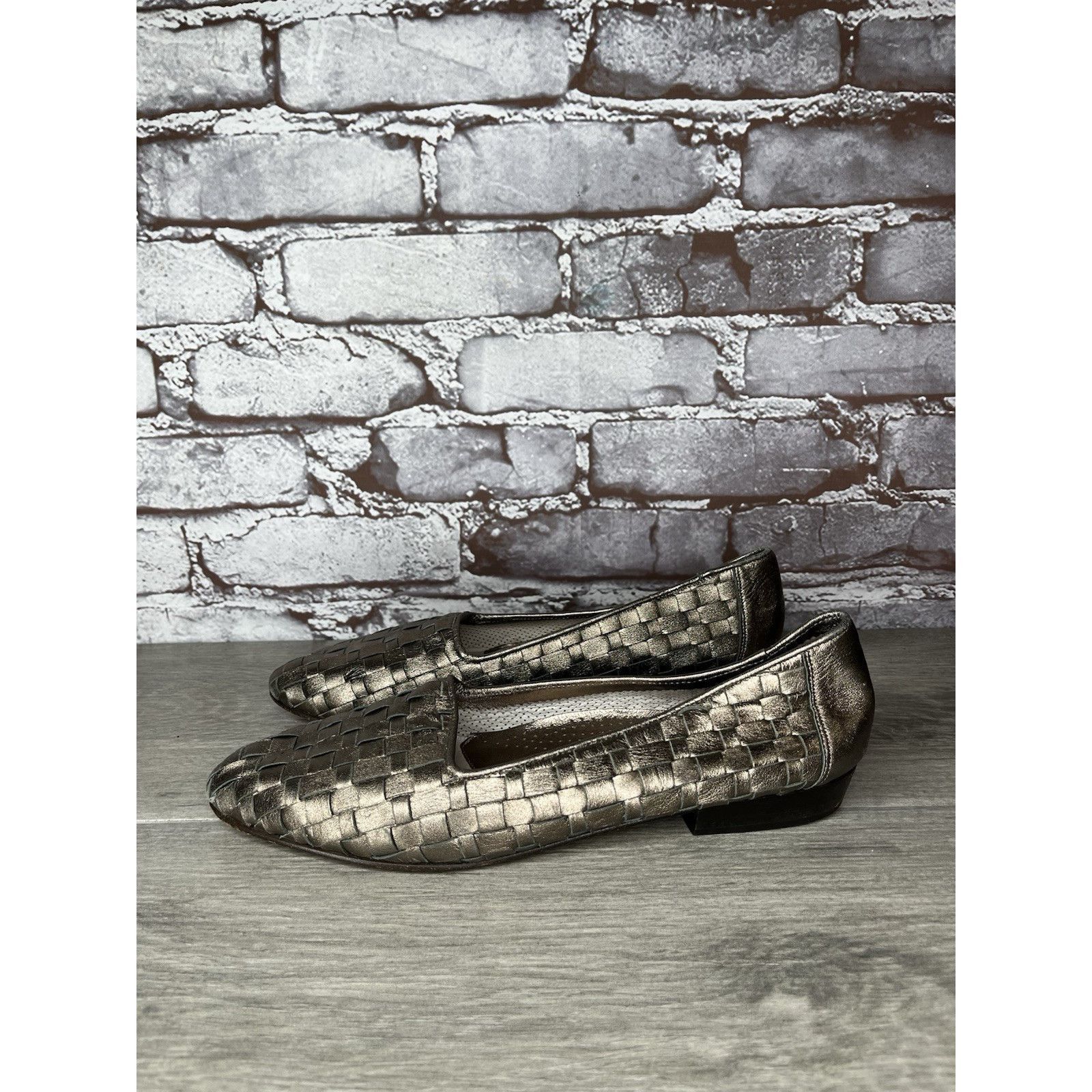 Santoni Rangoni Firenze Pewter Silver Leather Woven Weaves Flats Wom Size US 8.5 / IT 38.5 - 11 Thumbnail