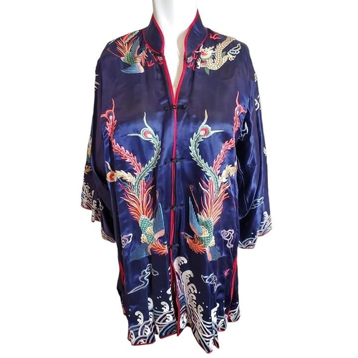 Handmade Vintage Handmade Unisex Chinese Silk Kimono Jacket Blouse Ro Size ONE SIZE - 1 Thumbnail
