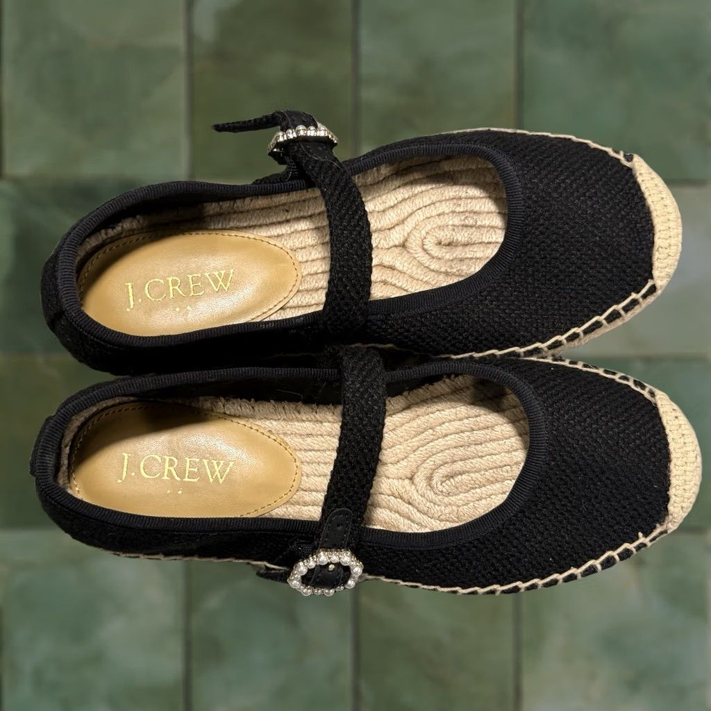 J.Crew NWOB J.CREW Mary Jane ESPADRILLES Flat SHOE Black 5 Womens Linen Buckle Pearl Strap Women's Mary Jane Shoes Size US 5 / IT 35 - 1 Thumbnail