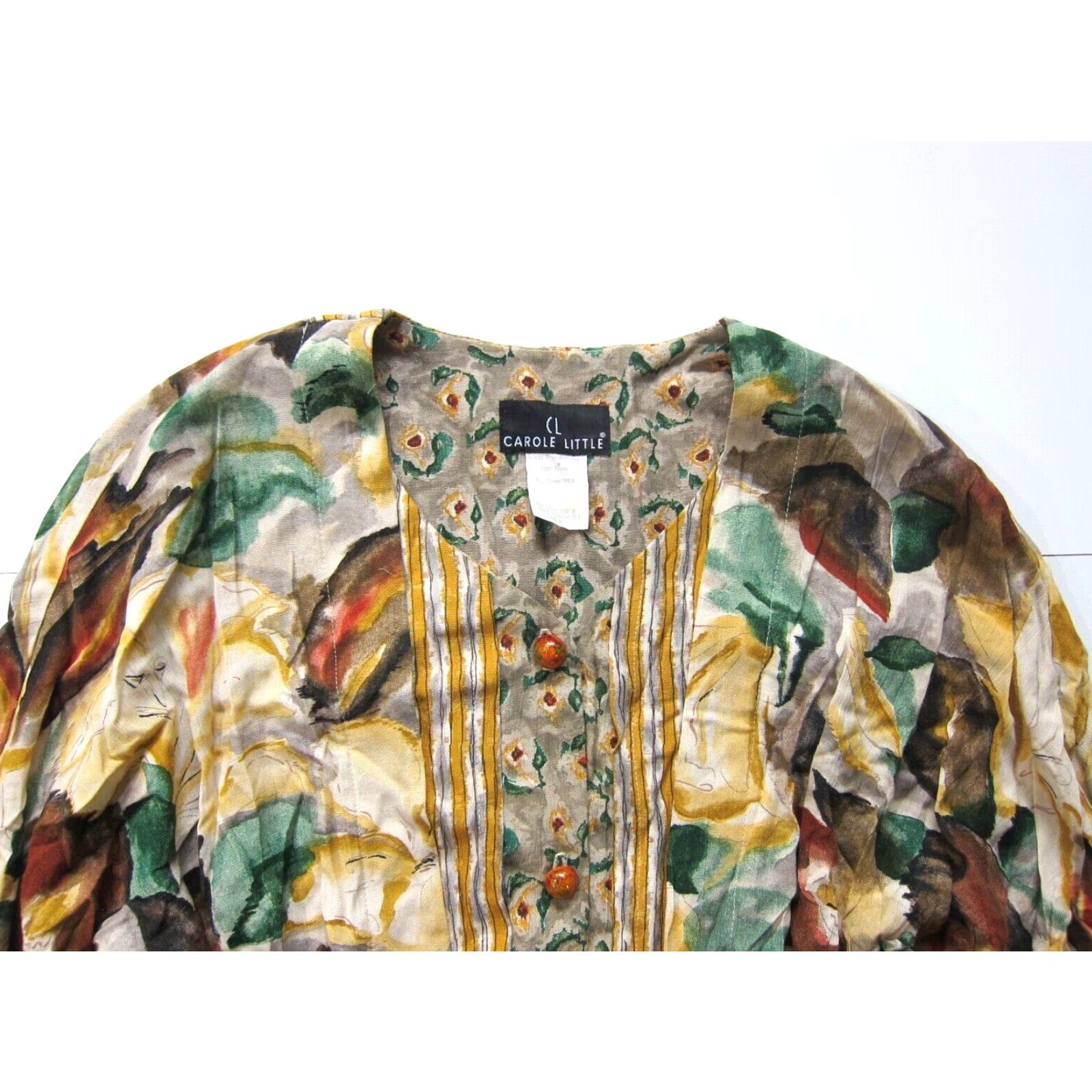 Vintage Vintage Carole Little Blouse Shirt 4 Women Long Sleeve V-Neck Green Yellow Brown 100% Rayon Notes Size S / US 4 / IT 40 - 3 Thumbnail
