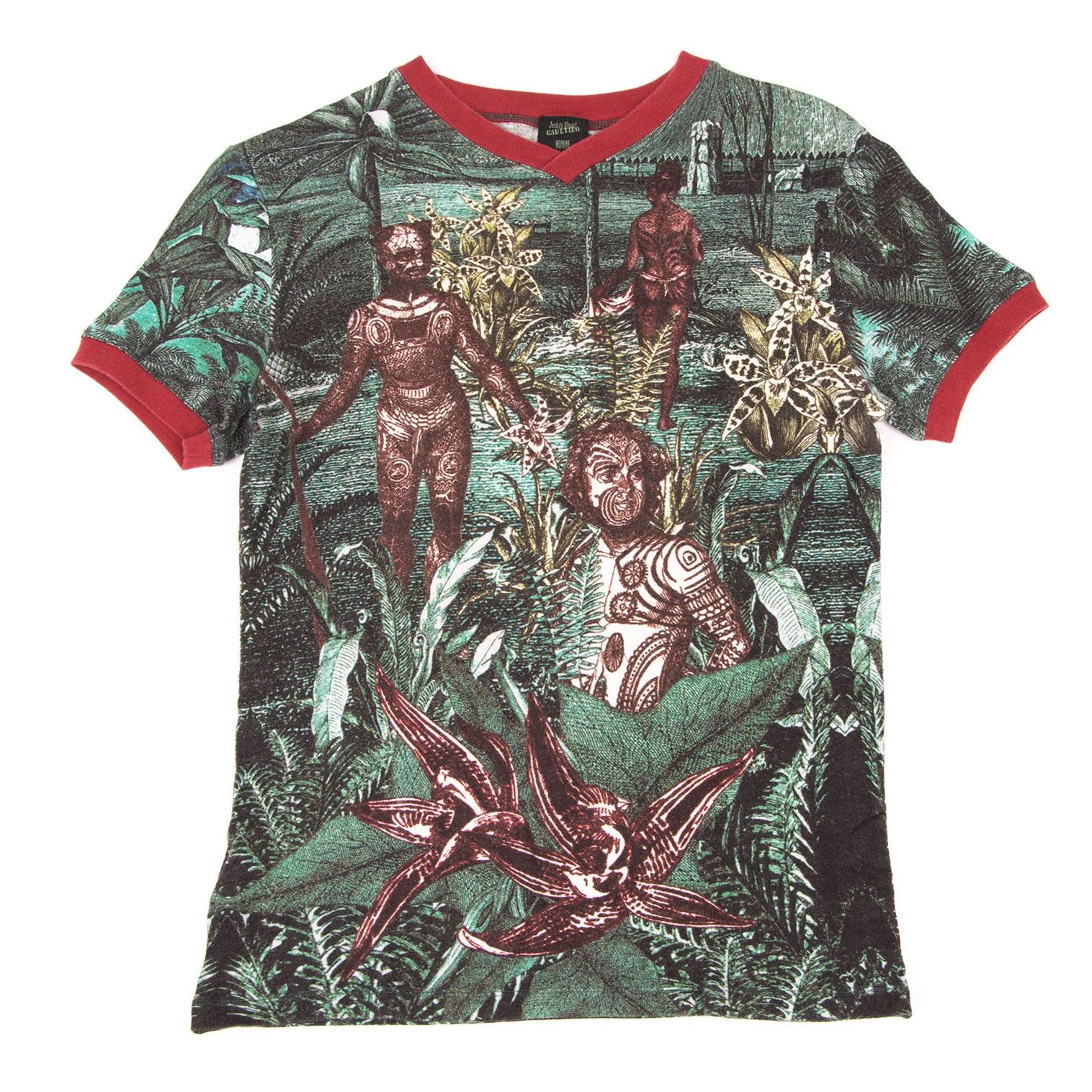 Jean Paul Gaultier Native Print V-Neck T-Shirt in Red, Green, and White Size US M / EU 48-50 / 2 - 1 Thumbnail