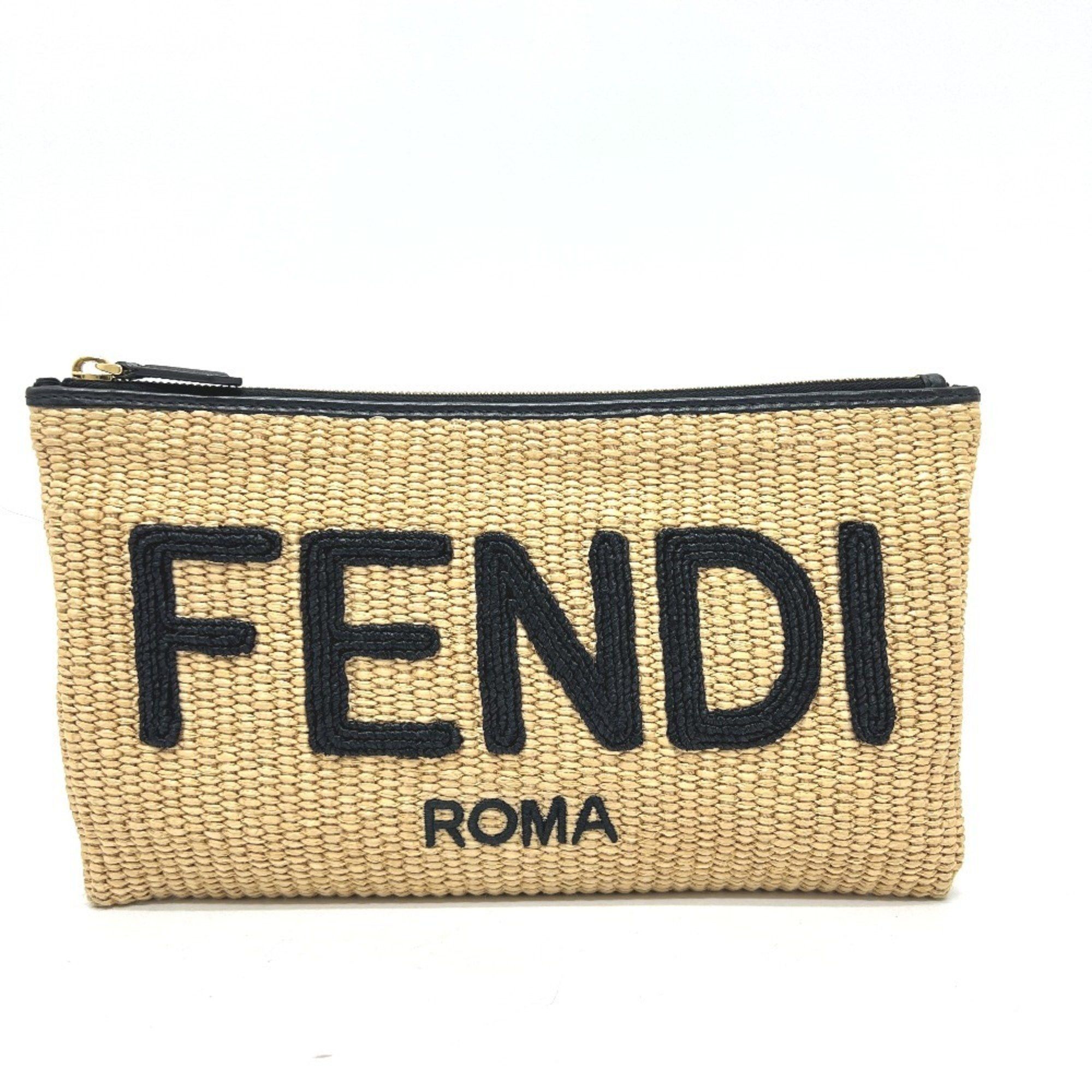 FENDI 8N0149 Straw Logo Bag Pouch Clutch Raffia Leather Men's Women's Beige